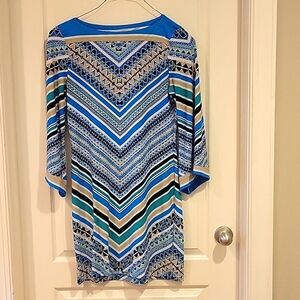 Beige by ECI and blue print dress. Size 8, Stretchy material.